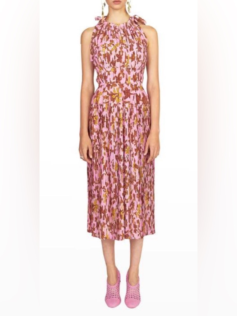 Ulla Johnson Amalthea 100% Silk Pink and Brown Floral Pleated‎ Midi Dress Size 4